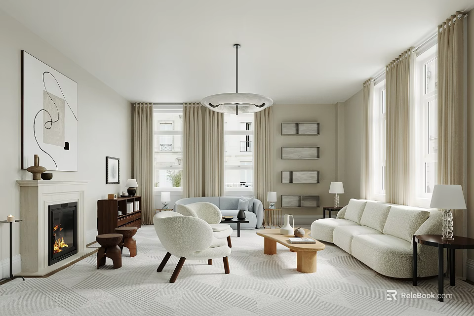 Modern Living Room Interior With Fireplace Sofa Armchair Coffee Table And Chandelier 3d model 