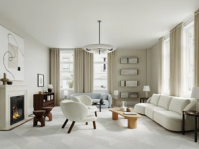 Modern Living Room Interior With Fireplace Sofa Armchair Coffee Table And Chandelier 3d model