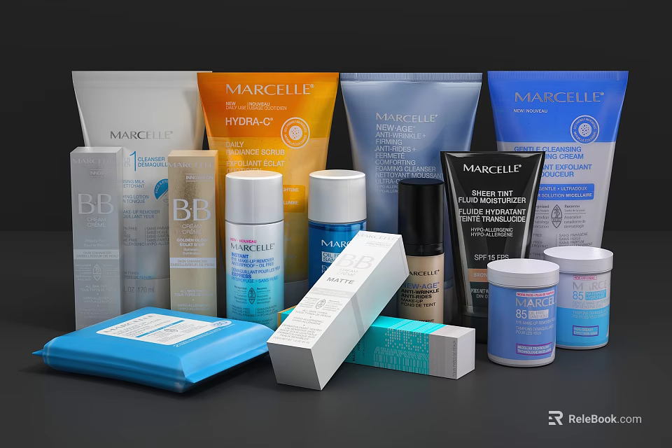 MARCELL Perfume Cosmetics Collection With Various Skincare And Makeup Products 3d model 