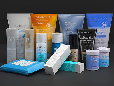 MARCELL Perfume Cosmetics Collection With Various Skincare And Makeup Products 3d model