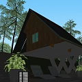 Modern Detached Villa With Triangular Roof Green Edge Wooden Exterior Waterfront Terrace And Lounge Chairs