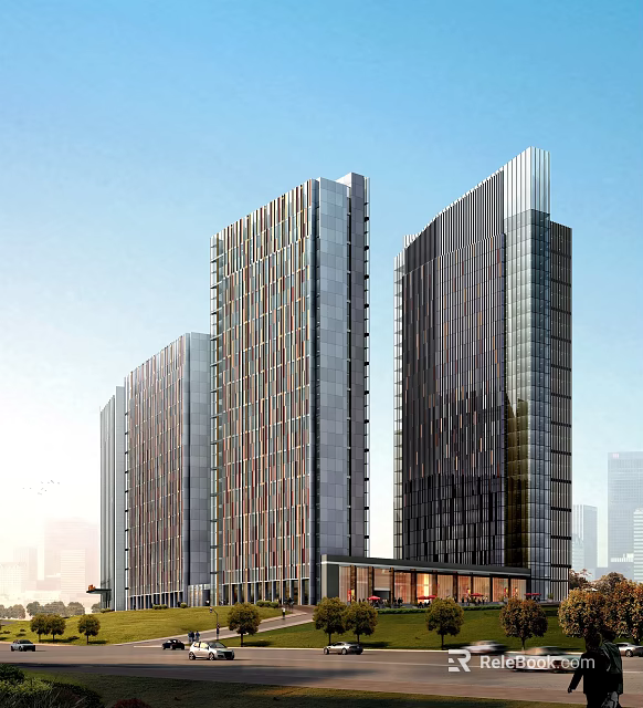 Modern Commercial Street With High Rise Glass Facade Buildings And Urban Design 3d model 