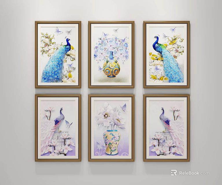 Elegant Decorative Wall Art With Peacocks Flower Vases And Wooden Frames 3d model 