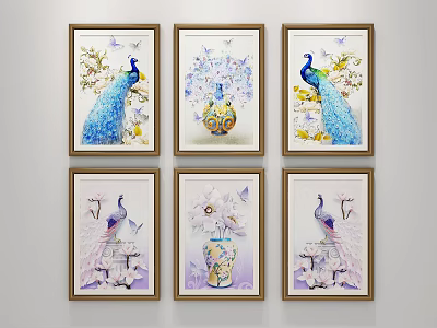 Elegant Decorative Wall Art With Peacocks Flower Vases And Wooden Frames 3d model