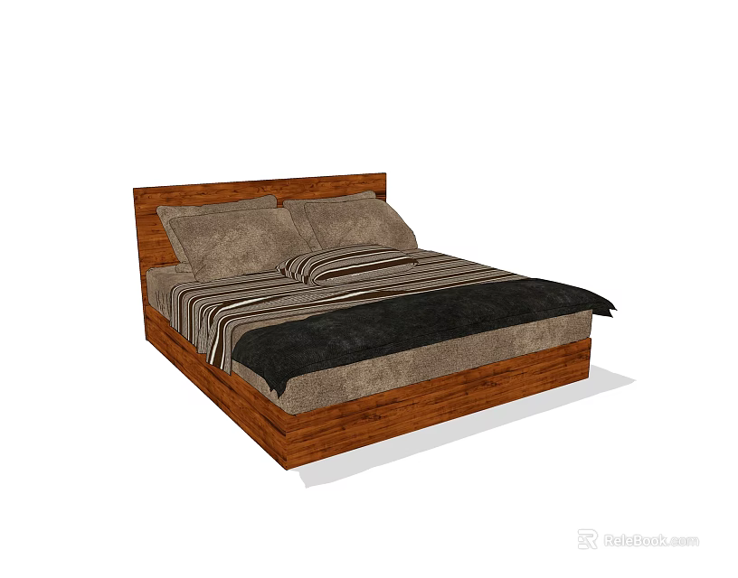 Double Bed With Wooden Frame Pillows Striped Bedspread And Dark Comforter 3d model 