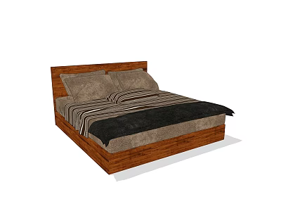Double Bed With Wooden Frame Pillows Striped Bedspread And Dark Comforter 3d model