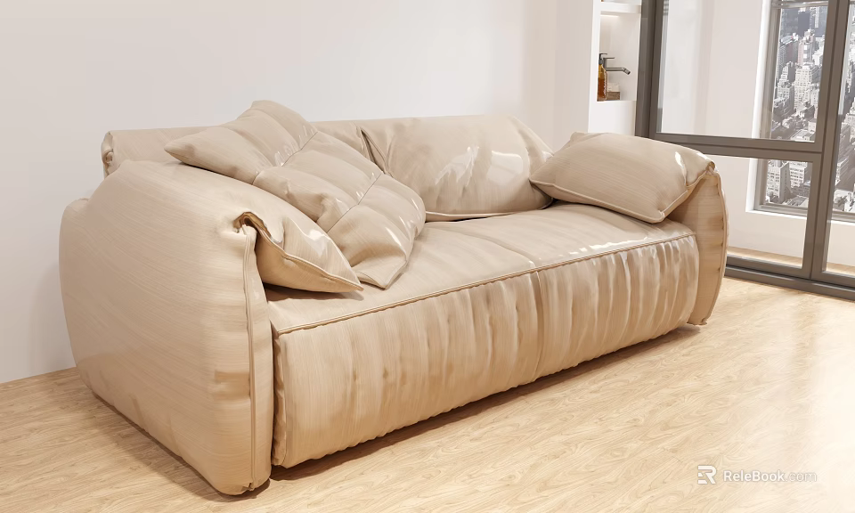 Beige Modern Sofa Set with Plush Cushions and Sleek Design in Light Wooden Floor Room 3d model 