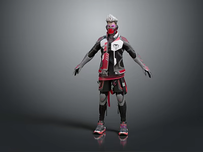 Futuristic Humanoid Character With Red And Black Tech Inspired Outfit And Helmet 3d model