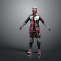 Futuristic Humanoid Character With Red And Black Tech Inspired Outfit And Helmet