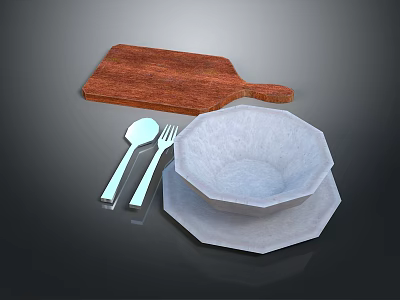 Essential Kitchen Utensils Set with Wooden Cutting Board Spoon Fork and White Bowls Plates 3d model