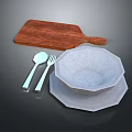 Essential Kitchen Utensils Set with Wooden Cutting Board Spoon Fork and White Bowls Plates