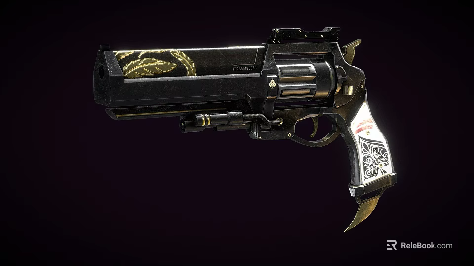 Ornate Black Revolver Featuring Gold Decorative Patterns And Silver Engraved Grip 3d model 