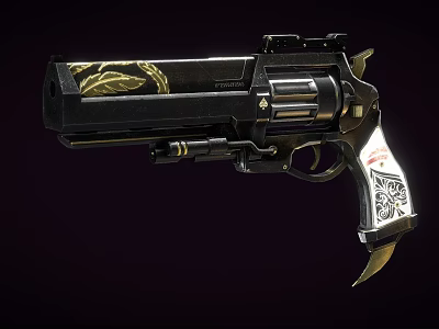 Ornate Black Revolver Featuring Gold Decorative Patterns And Silver Engraved Grip 3d model