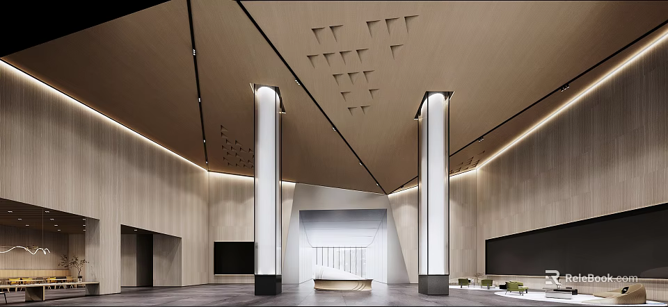 Modern Front Desk Reception Interior Design With Wooden Ceiling Columns And Lighting 3d model