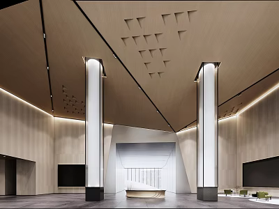 Modern Front Desk Reception Interior Design With Wooden Ceiling Columns And Lighting 3d model
