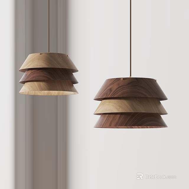 Modern Layered Wooden Pendant Lights With Different Wood Tones Hanging In Minimalist Space 3d model 