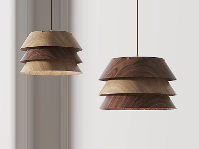 Modern Layered Wooden Pendant Lights With Different Wood Tones Hanging In Minimalist Space 3d model
