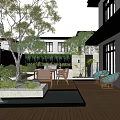 Modern Courtyard Garden With Wooden Deck Water Pool Outdoor Furniture And Green Trees Plants