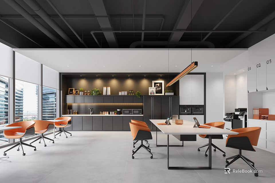 Modern Office Break Room Interior With Open Layout Gray Cabinets Orange Chairs And Long Table 3d model 