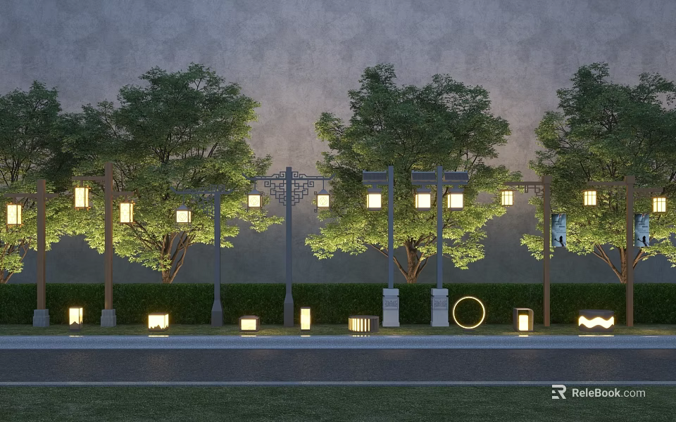 Elegant Modern Outdoor Lights For Garden With Trees Wall And Decorative Design 3d model 