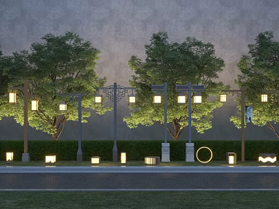 Elegant Modern Outdoor Lights For Garden With Trees Wall And Decorative Design 3d model