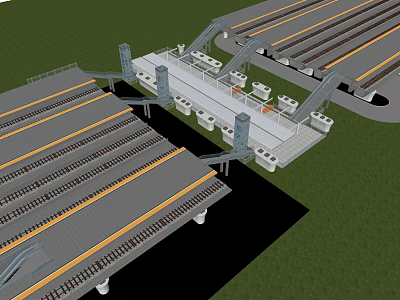 Railway Hub Infrastructure Featuring Multiple Rail Tracks Platform And Connecting Walkways 3d model