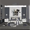 Modern Bedroom With Kaws Holiday Mural Bed Nightstands Pendant Lights And Toys