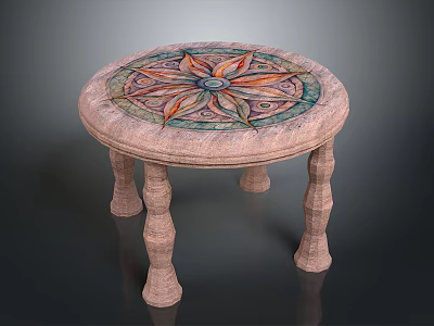 Decorative Round Wooden Table With Colorful Floral Patterned Tabletop And Carved Legs 3d model