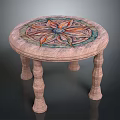 Decorative Round Wooden Table With Colorful Floral Patterned Tabletop And Carved Legs