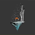 Fox Standing On Floating Ice Island With Birch Trees And Falling Snowflakes