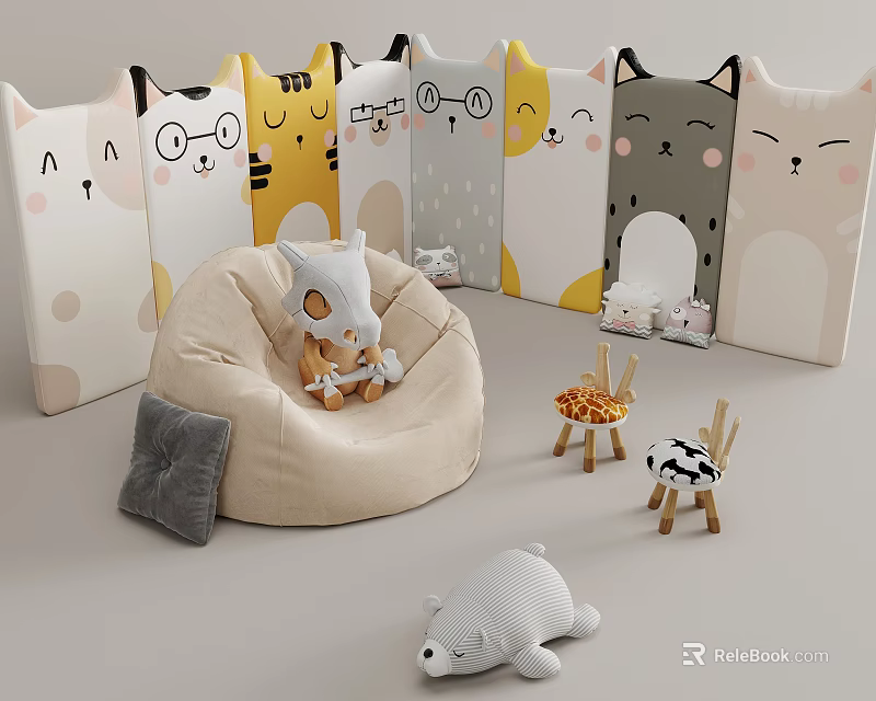 Cute Kids Chair With Cartoon Design Stuffed Toy Wooden Stool And Soft Cushions 3d model 