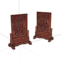 Pair of Traditional Wooden Carved Screens with Intricate Patterns on Ornate Stands