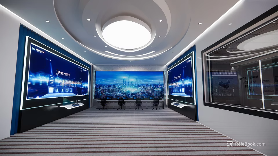 Modern Security Control Room Interior Design With Multiple Large Screens Control Console And Chairs 3d model 