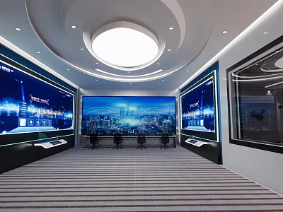 Modern Security Control Room Interior Design With Multiple Large Screens Control Console And Chairs 3d model