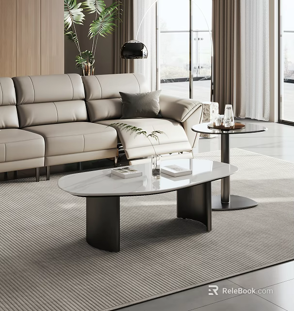 Modern Living Room Coffee Table With Marble Top And Metal Base And Decorative Books 3d model 
