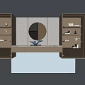 Modern Display Shelves With Circular Decorative Mirror And Wooden Storage Cabinets