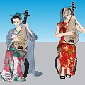 Two Women Playing Pipa In Colorful Traditional Chinese Dresses Seated