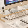 Practical Desk Workspace With Computer Monitor Wooden Stand Open Notebook Calculator And Flower Vase