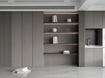 Modern Gray Bookcase Interior Design With Books Spherical Decorative Ornaments And Cabinets 3d model