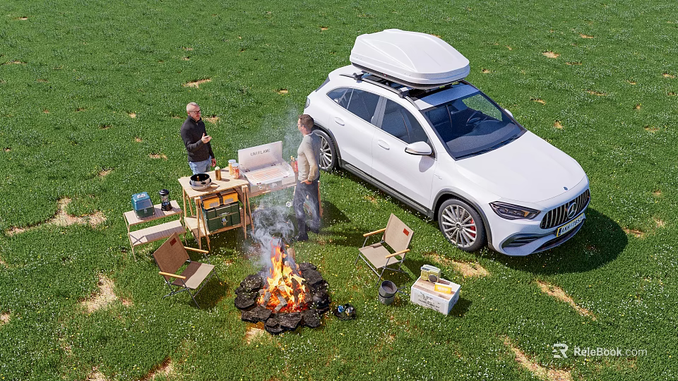 Garden Landscape Outdoor Camping Scene With White SUV Roof Box Two People Bonfire Foldable Furniture 3d model 