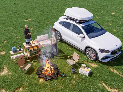 Garden Landscape Outdoor Camping Scene With White SUV Roof Box Two People Bonfire Foldable Furniture 3d model