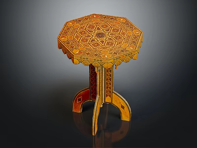 Traditional Octagonal Wooden Table With Intricate Carved Patterns And Golden Yellow Accents 3d model