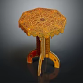 Traditional Octagonal Wooden Table With Intricate Carved Patterns And Golden Yellow Accents