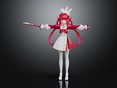 Cute Anime Character With Rabbit Ears And Pink Hair In Red White Outfit Holding Staff 3d model