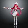 Cute Anime Character With Rabbit Ears And Pink Hair In Red White Outfit Holding Staff