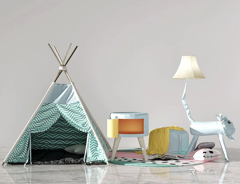 Turquoise Chevron Kids Teepee Tent in Children's Room with Lamp Cabinet and Toys 3d model 