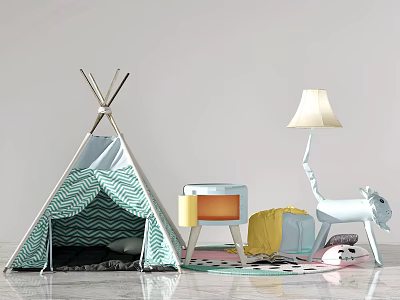 Turquoise Chevron Kids Teepee Tent in Children's Room with Lamp Cabinet and Toys 3d model