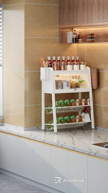 White Multi Tiered Kitchen Storage Rack With Condiment And Drink Bottles 3d model 
