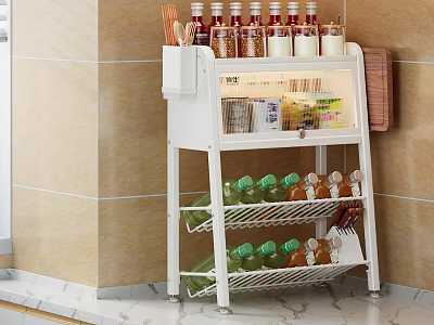 White Multi Tiered Kitchen Storage Rack With Condiment And Drink Bottles 3d model