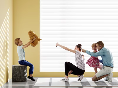 Family Playing Together With Stuffed Bear Near Yellow Wall And White Blinds 3d model